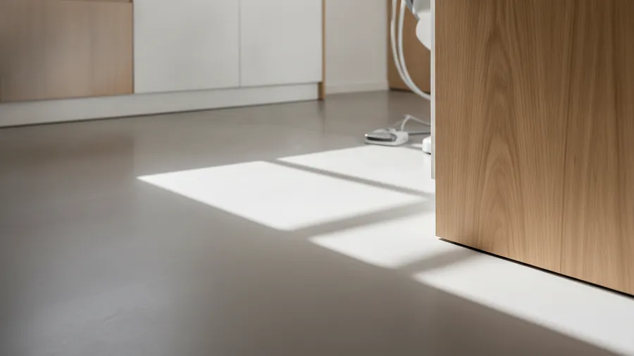 Piso claro de cimento com a luz da janela desenhando faixas.
