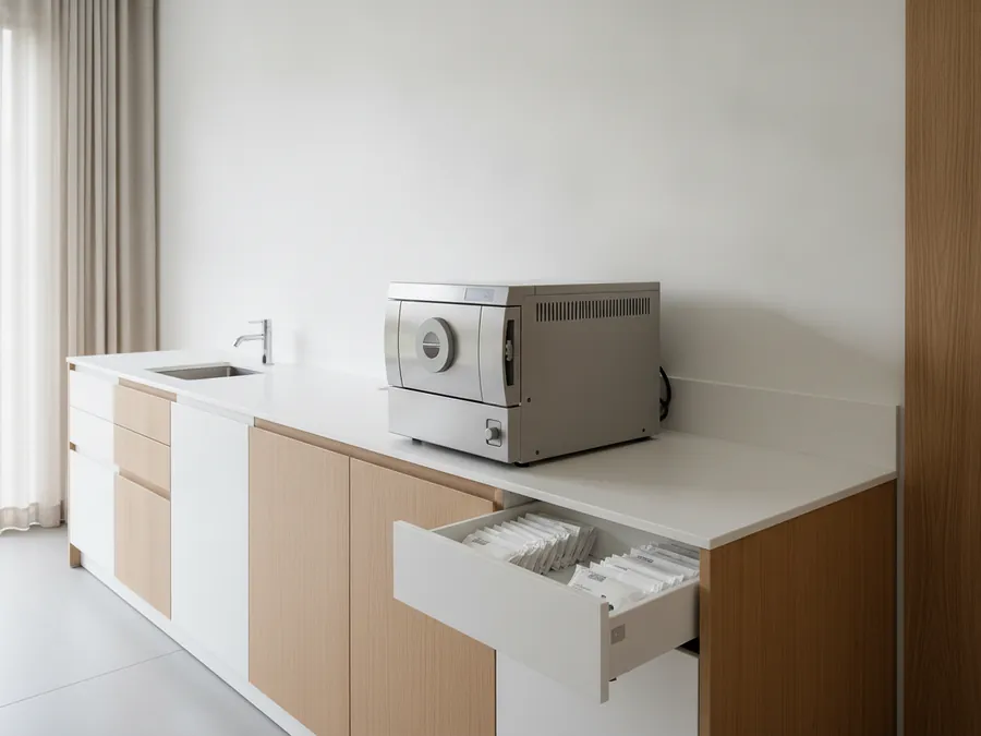 Área de esterilização com bancada branca, armários de madeira clara e cortina de linho.